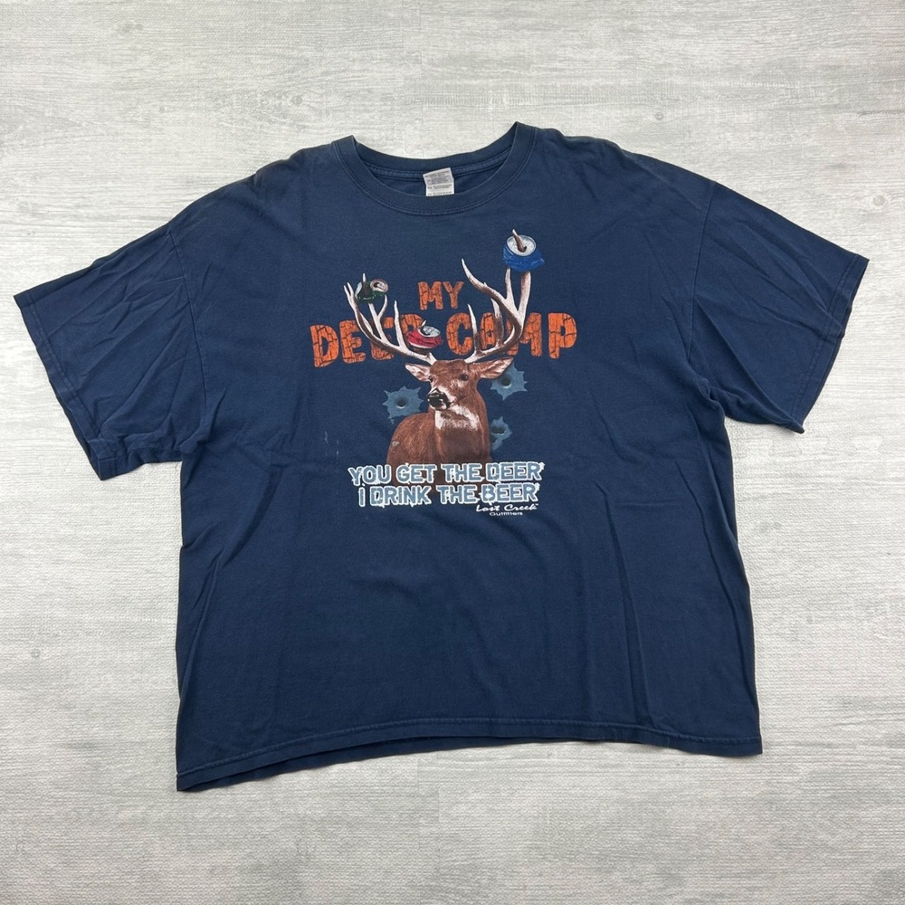 Vintage Y2K My Deer Camp Shirt Size XL Navy Blue Deer Hunting Beer Alcohol